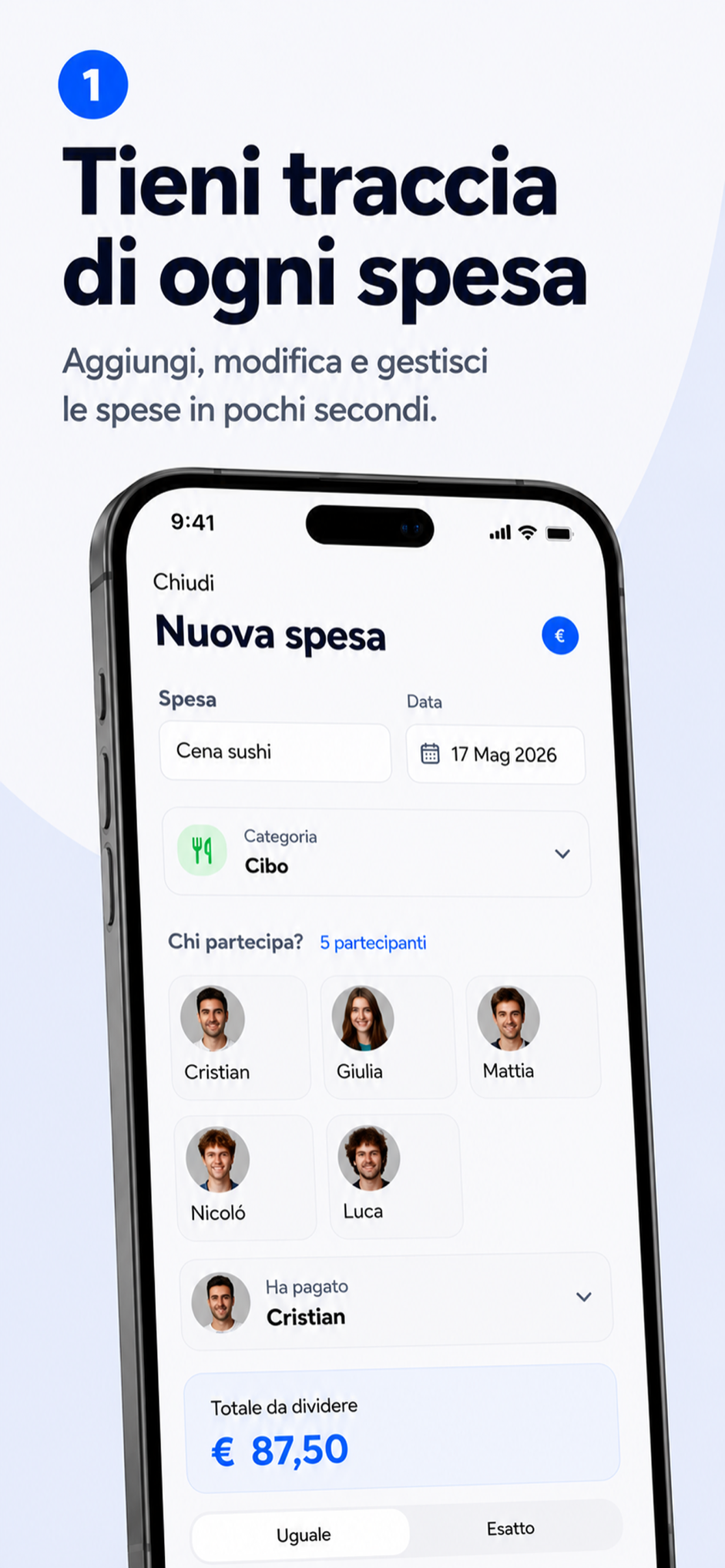 Schermata SharePay per aggiungere una nuova spesa